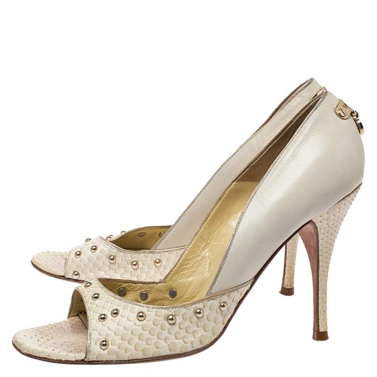 Pre Owned Versace Off-white Python And Leather Open Toe Pumps Size 40