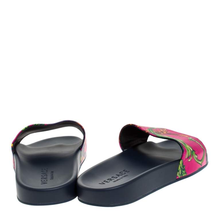 Pre Owned Versace Multicolor Baroque Print Leather Slide Sandals Size 43