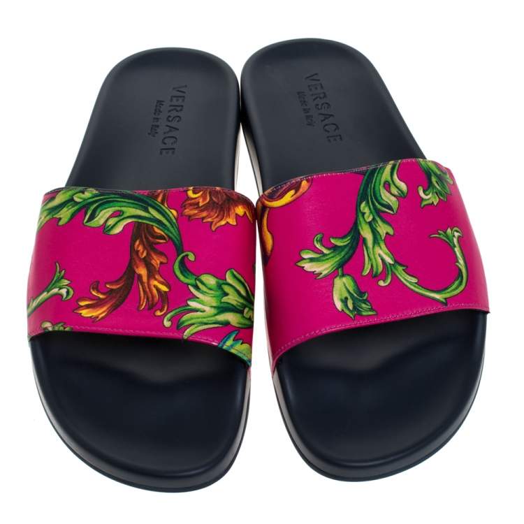 Pre Owned Versace Multicolor Baroque Print Leather Slide Sandals Size 43