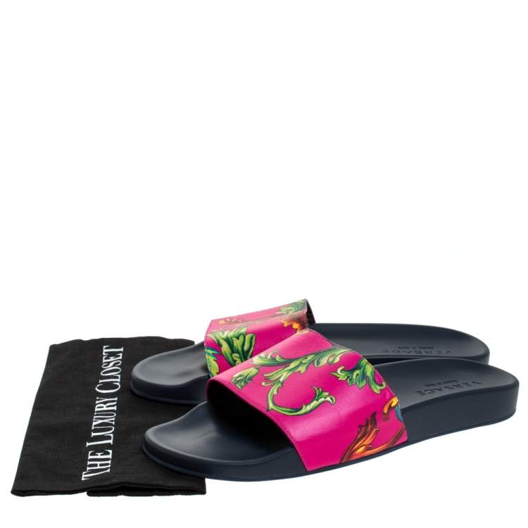 Pre Owned Versace Multicolor Baroque Print Leather Slide Sandals Size 43