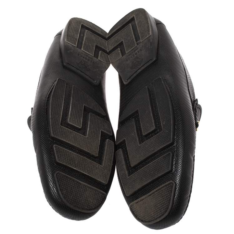 Pre Owned Versace Black Leather Medusa Detail Slip On Loafers Size 40