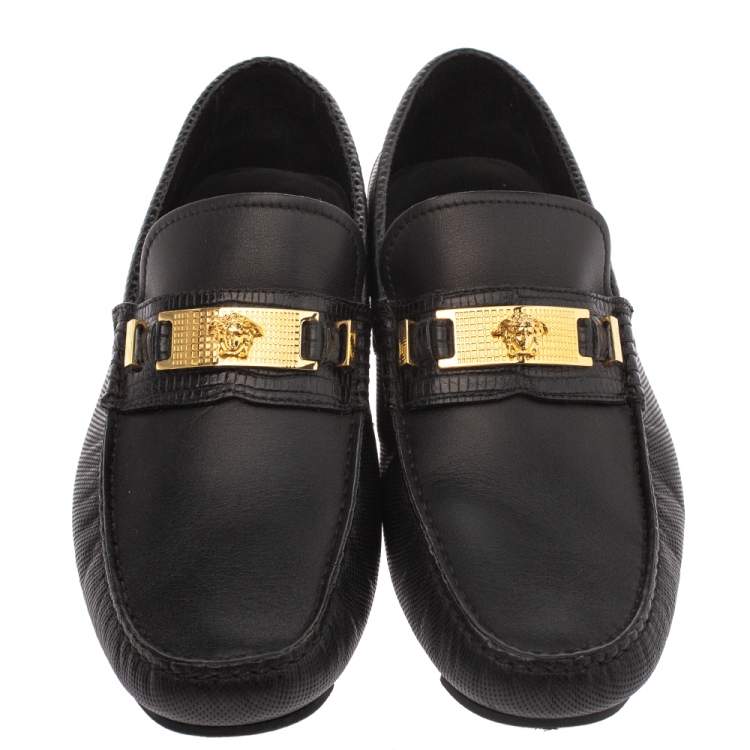 Pre Owned Versace Black Leather Medusa Detail Slip On Loafers Size 40