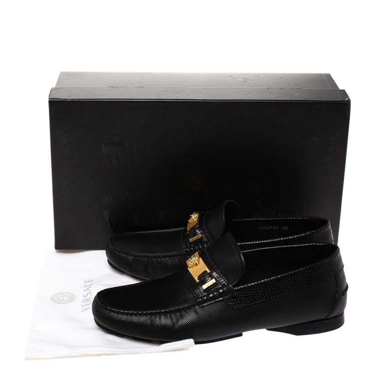 Pre Owned Versace Black Leather Medusa Detail Slip On Loafers Size 40