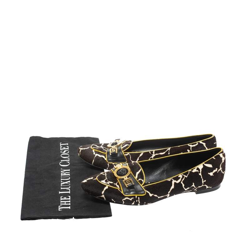 Pre Owned Versace Brown/White Leopard Print Calfhair and Leather Flats Size 39.5       