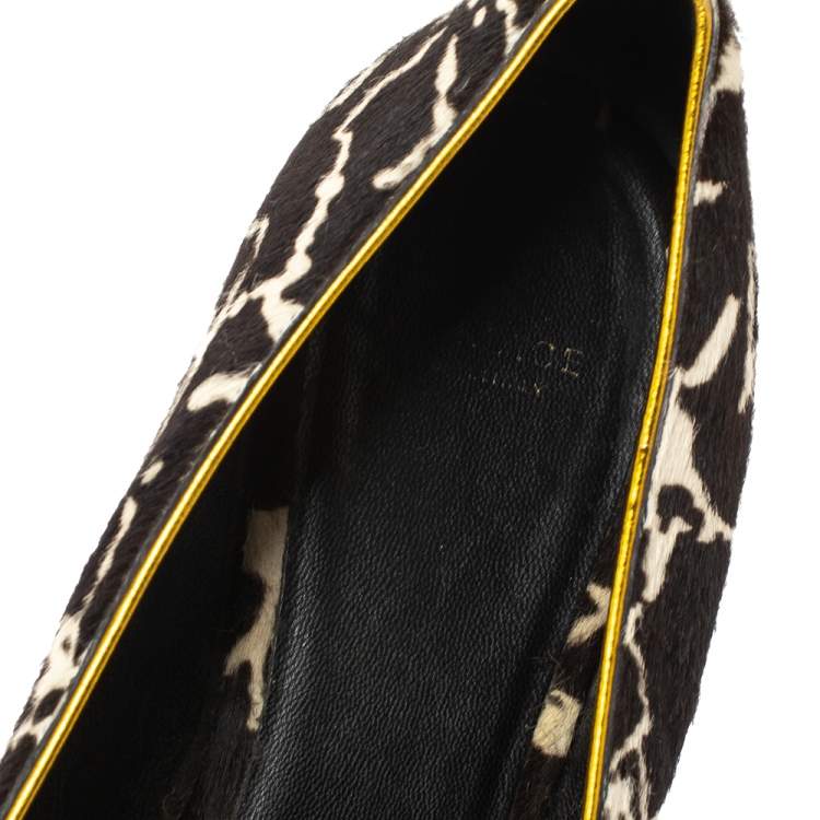 Pre Owned Versace Brown/White Leopard Print Calfhair and Leather Flats Size 39.5       