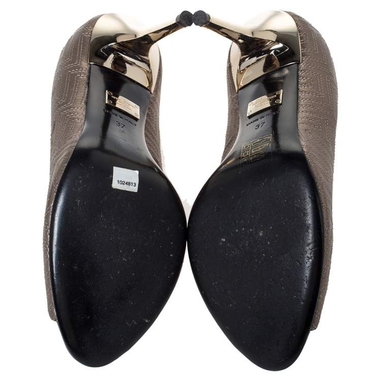 Pre Owned Versace Metallic Embroidered Leather Peep Toe Pumps Size 37