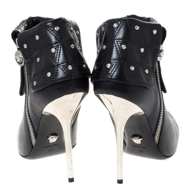 Pre Owned Versace Black Quilted Leather Fold Studded Pointed Toe Ankle Boots Size 41