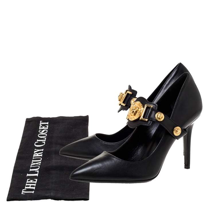 Pre Owned Versace Black Leather Medusa Strap Pointed Toe Pumps Size 36