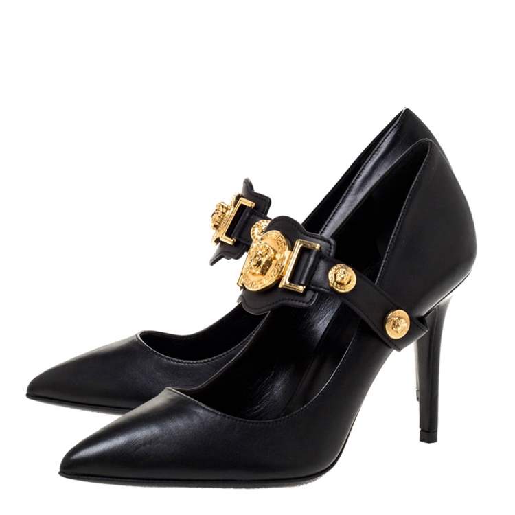 Pre Owned Versace Black Leather Medusa Strap Pointed Toe Pumps Size 36