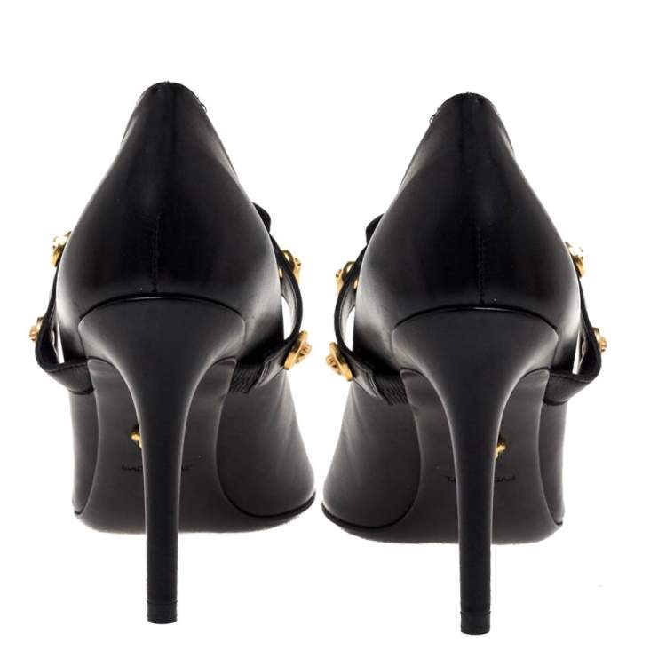 Pre Owned Versace Black Leather Medusa Strap Pointed Toe Pumps Size 36