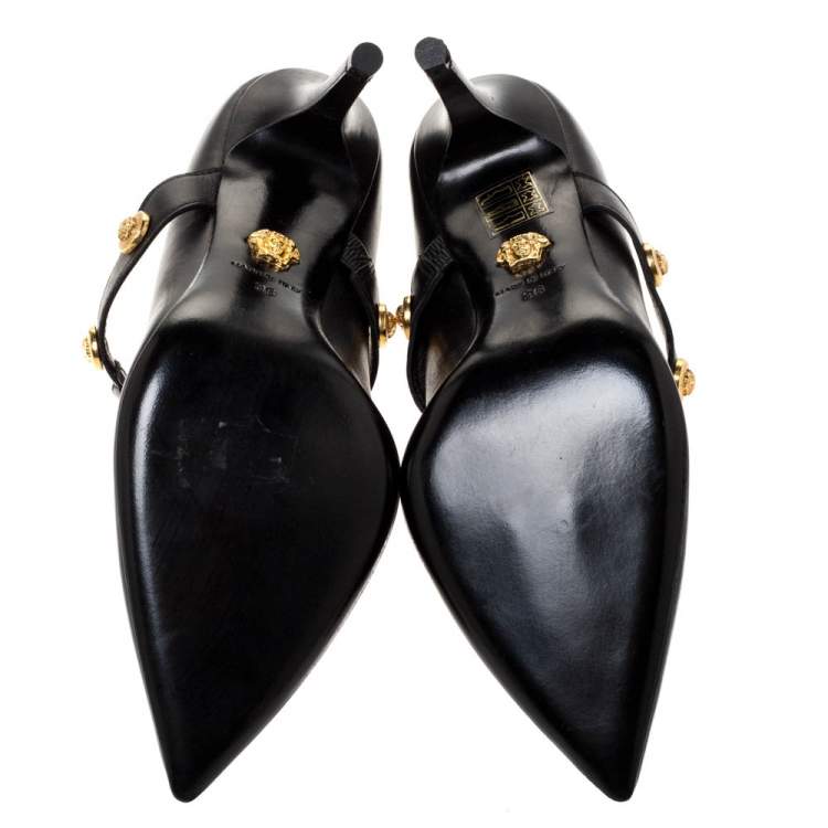 Pre Owned Versace Black Leather Medusa Strap Pointed Toe Pumps Size 36