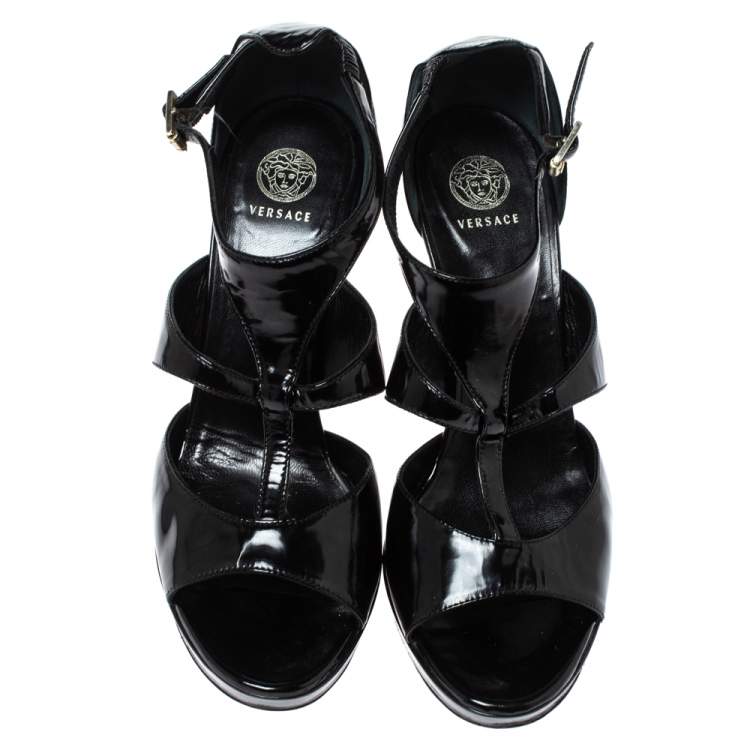 Pre Owned Versace Black Patent Leather Caged Ankle Strap Sandals Size 38