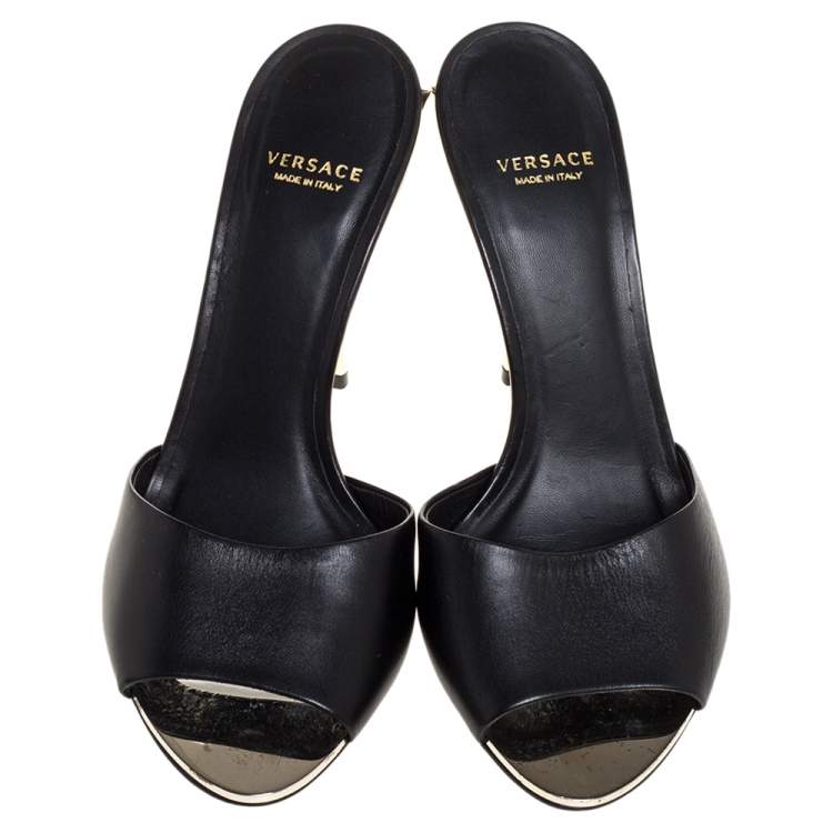 Pre Owned Versace Black Leather Medusa Heel Slide Sandals Size 37