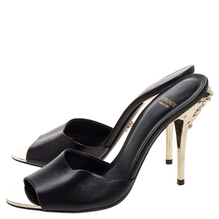 Pre Owned Versace Black Leather Medusa Heel Slide Sandals Size 37