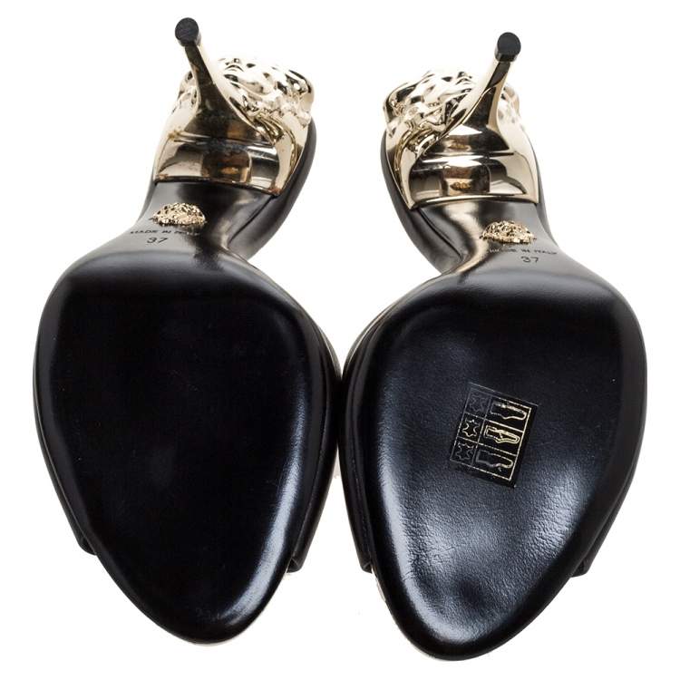 Pre Owned Versace Black Leather Medusa Heel Slide Sandals Size 37