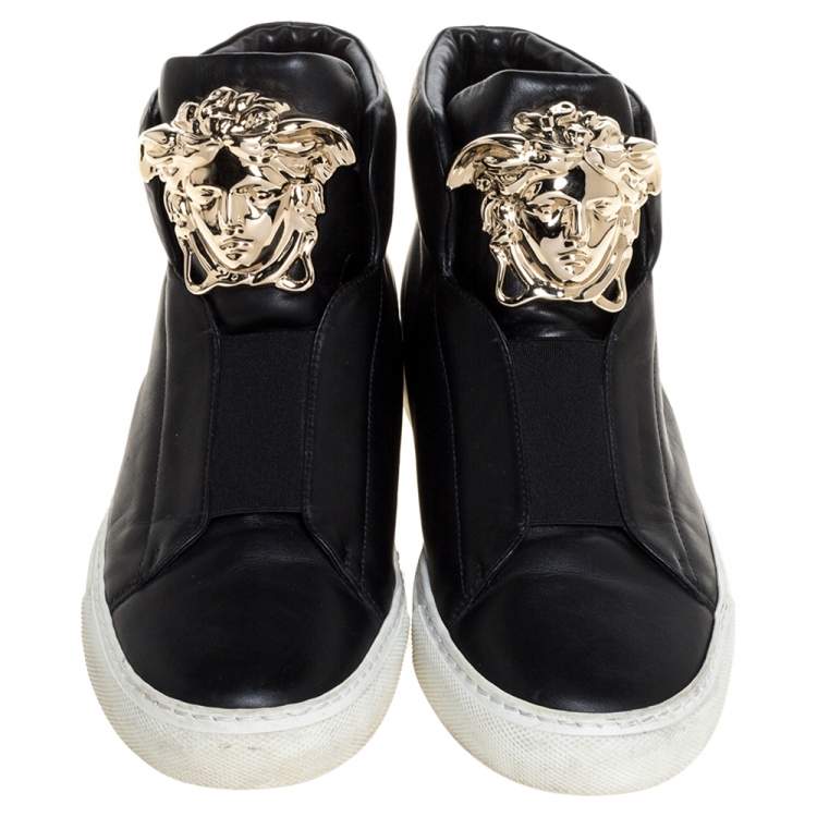 Pre Owned Versace Black Leather Palazzo Medusa High Top Sneakers Size 37
