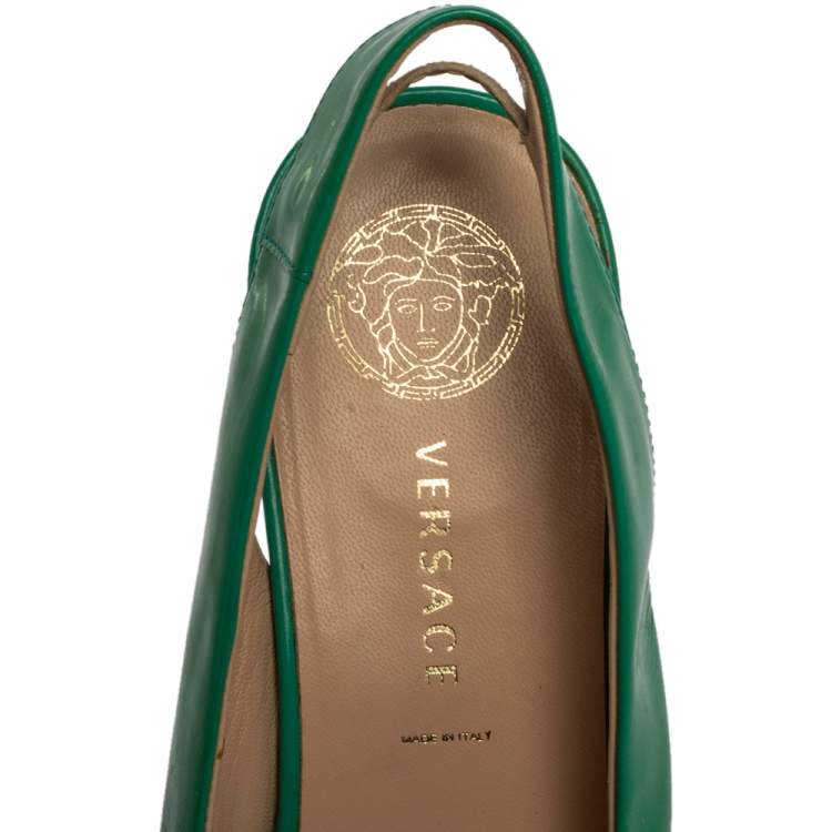 Pre Owned Versace Green Patent Leather Medusa Logo Open Toe Wedge Slingback Sandals Size 40