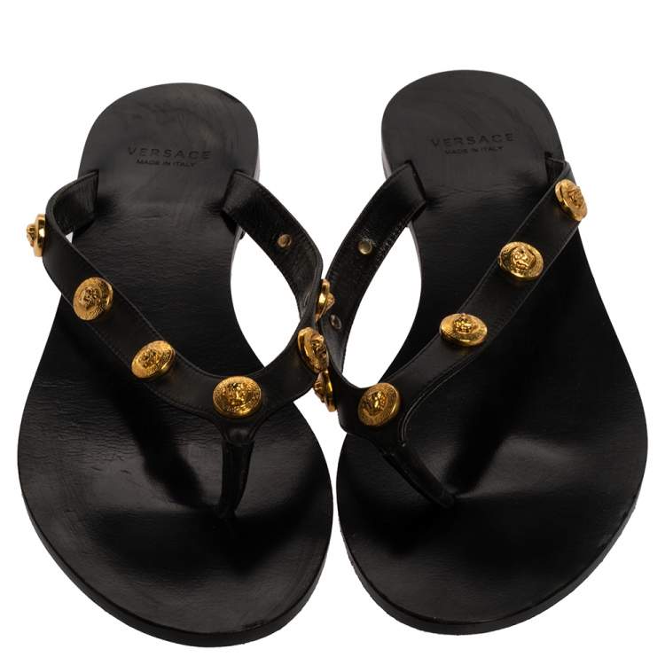 Pre Owned Versace Black Leather Medusa Detail Thong Flats Slides Size 36