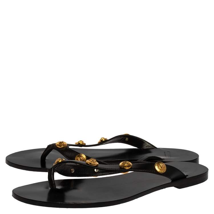 Pre Owned Versace Black Leather Medusa Detail Thong Flats Slides Size 36