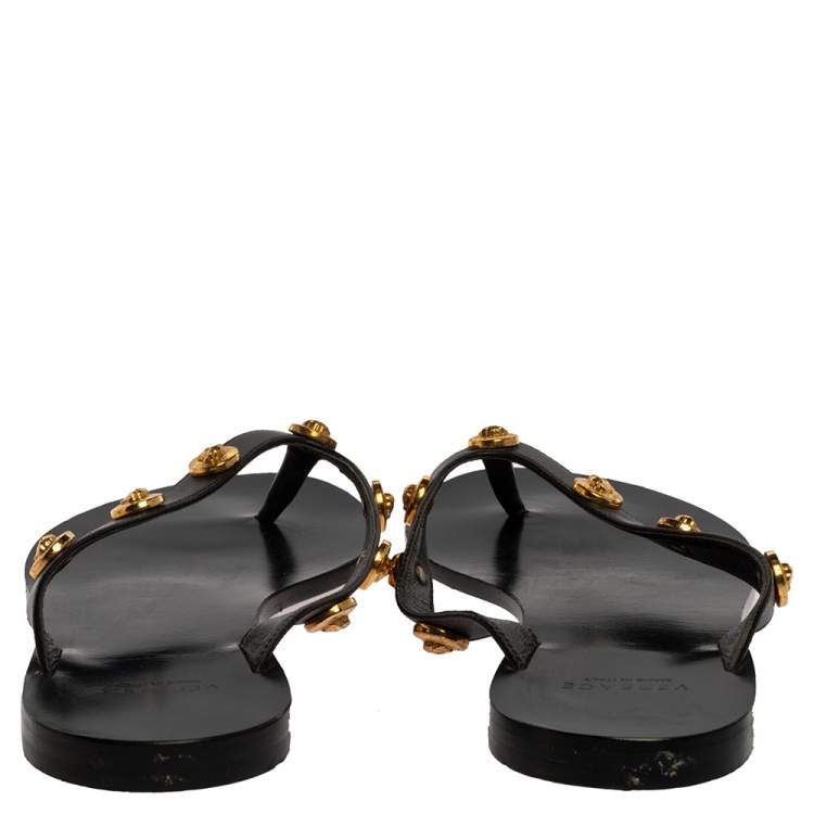 Pre Owned Versace Black Leather Medusa Detail Thong Flats Slides Size 36
