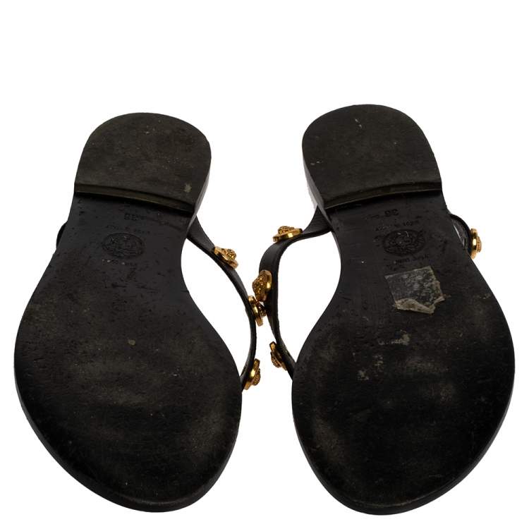 Pre Owned Versace Black Leather Medusa Detail Thong Flats Slides Size 36