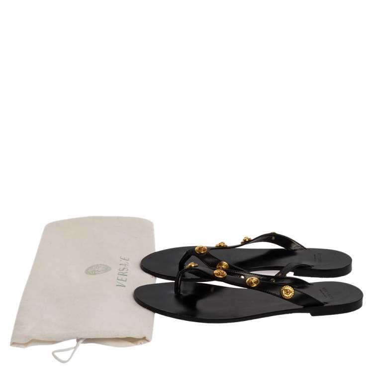 Pre Owned Versace Black Leather Medusa Detail Thong Flats Slides Size 36