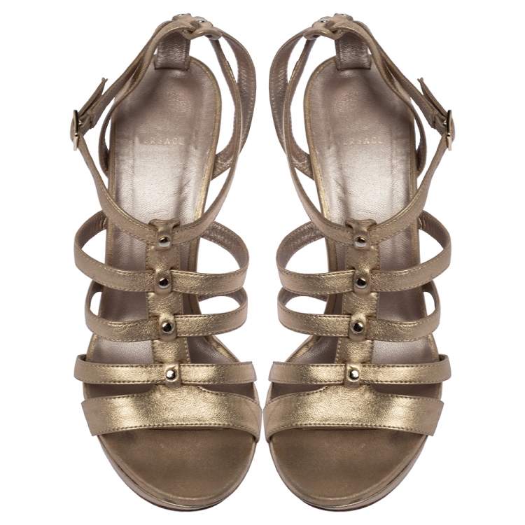 Pre Owned Versace Gold Leather Caged Platform Sandals Size 36
