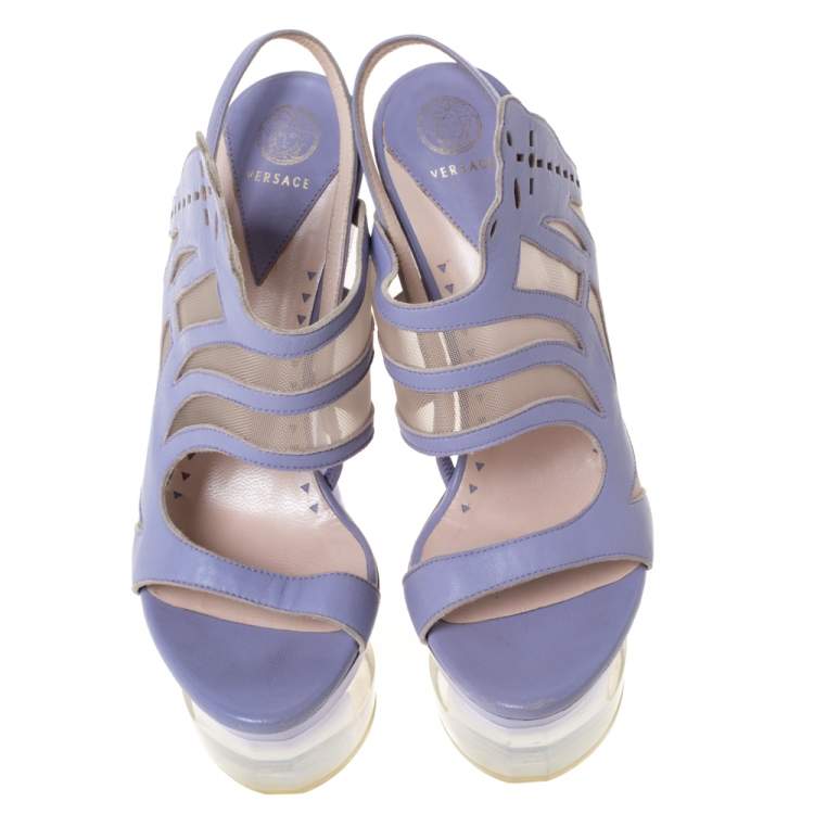 Pre Owned Versace Lilac Leather And Mesh Cut Out Lucite Platform Slingback Sandals Size 37