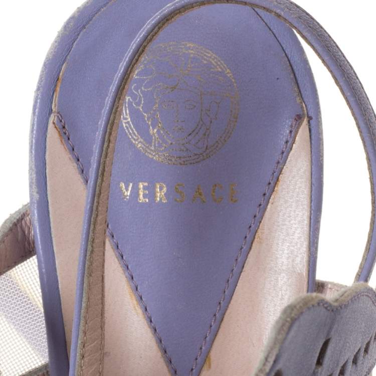 Pre Owned Versace Lilac Leather And Mesh Cut Out Lucite Platform Slingback Sandals Size 37