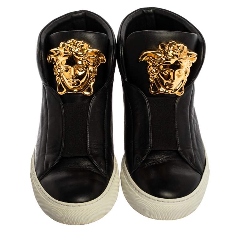 Pre Owned Versace Black Leather Palazzo Medusa High Top Sneakers Size 36