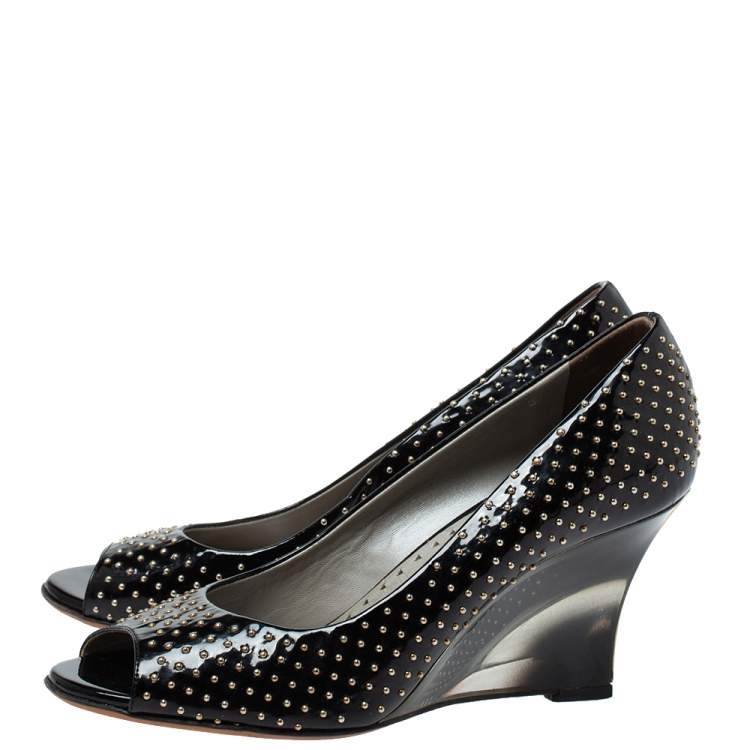 Pre Owned Versace Black Patent Studded Peep Toe Pumps Size 37