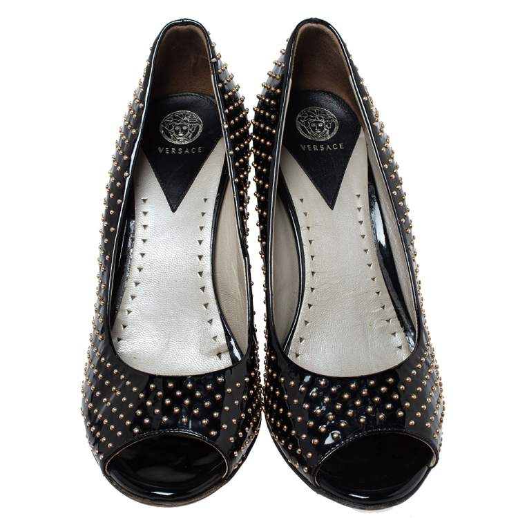 Pre Owned Versace Black Patent Studded Peep Toe Pumps Size 37