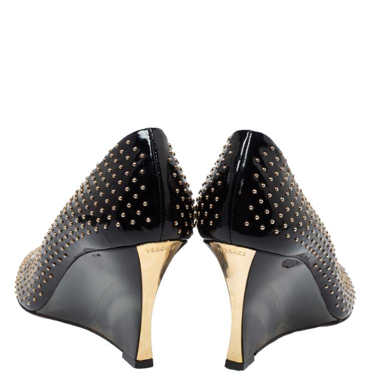 Pre Owned Versace Black Patent Studded Peep Toe Pumps Size 37