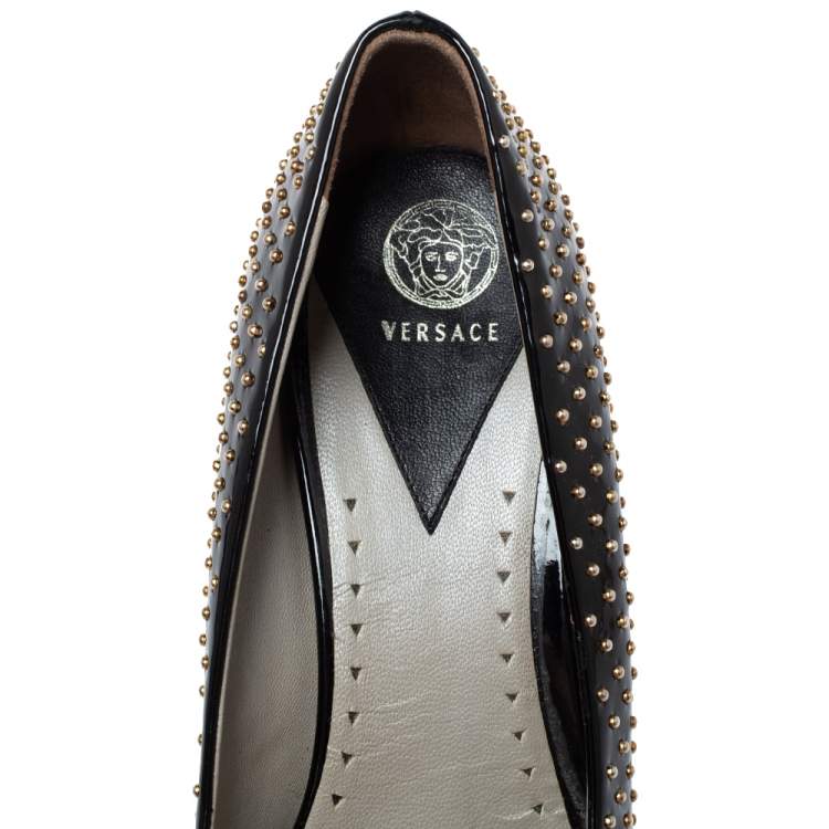 Pre Owned Versace Black Patent Studded Peep Toe Pumps Size 37