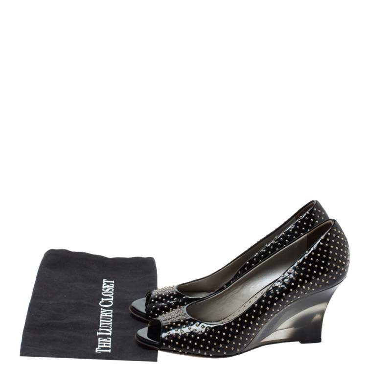 Pre Owned Versace Black Patent Studded Peep Toe Pumps Size 37