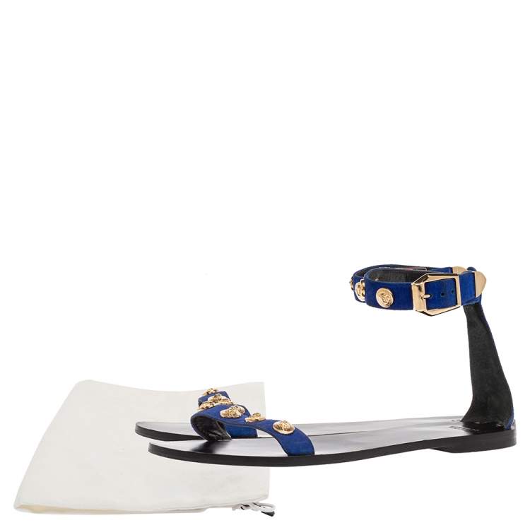 Pre Owned Versace Blue/Black Suede Medusa Stud Ankle Strap Flat Sandals Size 39