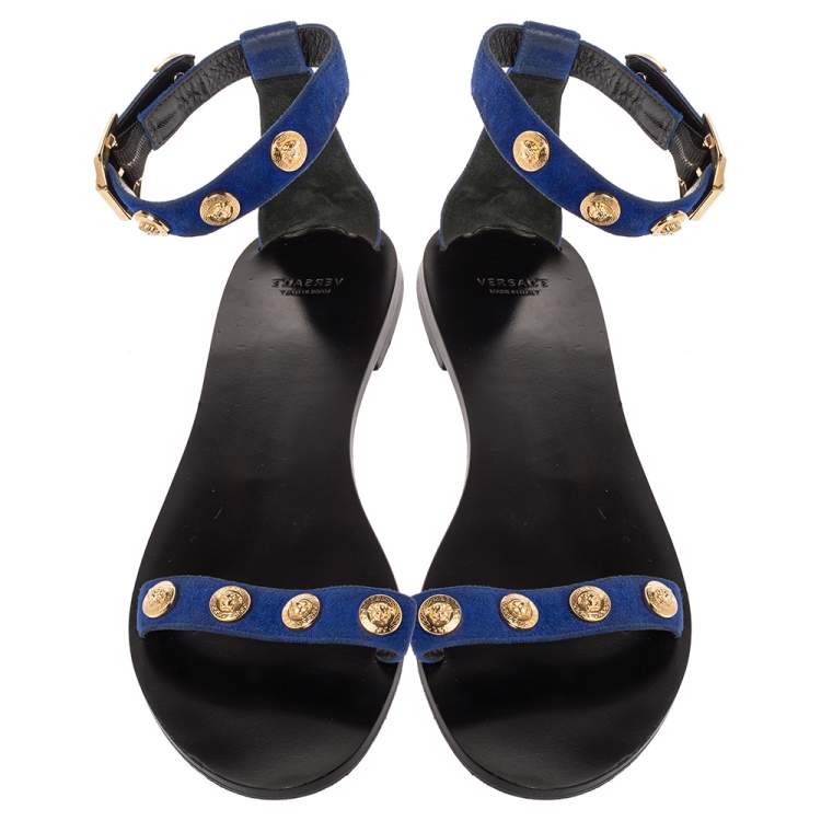 Pre Owned Versace Blue/Black Suede Medusa Stud Ankle Strap Flat Sandals Size 39