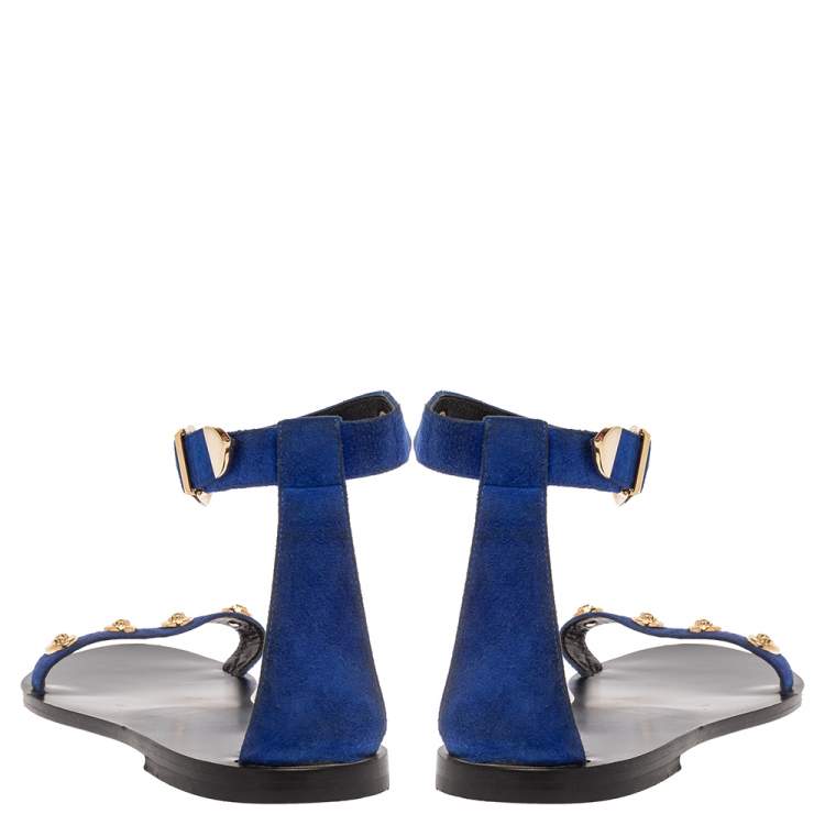 Pre Owned Versace Blue/Black Suede Medusa Stud Ankle Strap Flat Sandals Size 39