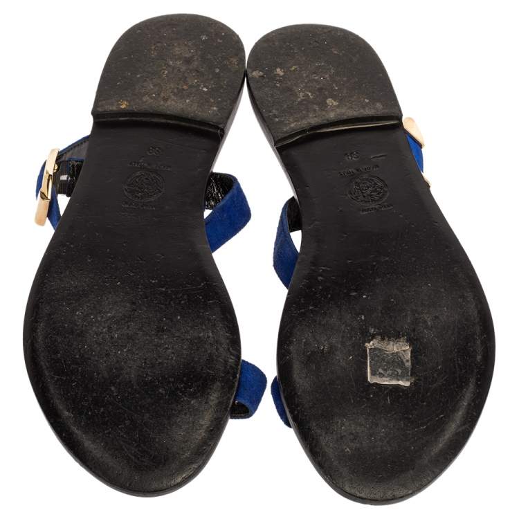 Pre Owned Versace Blue/Black Suede Medusa Stud Ankle Strap Flat Sandals Size 39