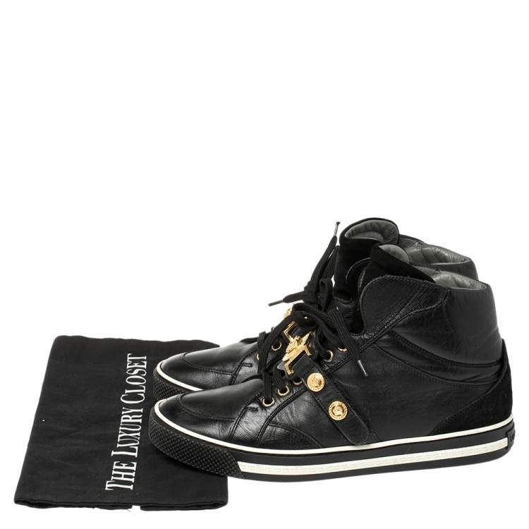 Pre Owned Versace Black Leather And Suede Medusa Strap High Top Sneakers Size 40