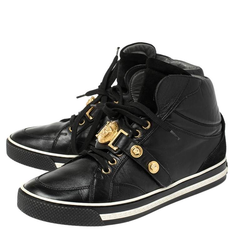Pre Owned Versace Black Leather And Suede Medusa Strap High Top Sneakers Size 40