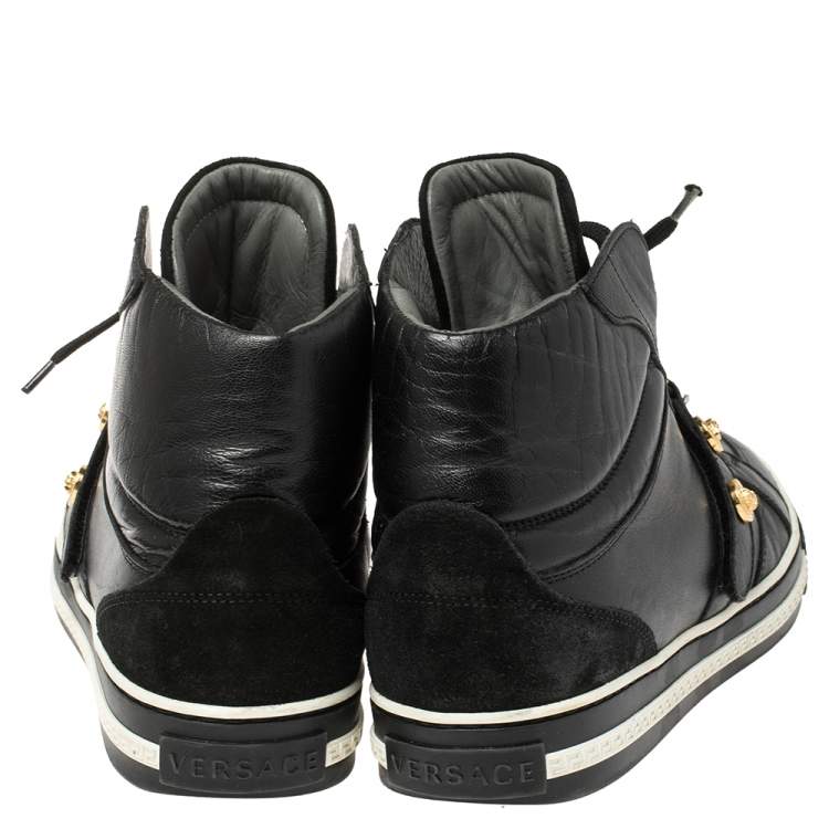 Pre Owned Versace Black Leather And Suede Medusa Strap High Top Sneakers Size 40