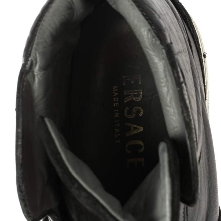 Pre Owned Versace Black Leather And Suede Medusa Strap High Top Sneakers Size 40