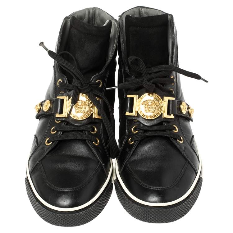 Pre Owned Versace Black Leather And Suede Medusa Strap High Top Sneakers Size 40