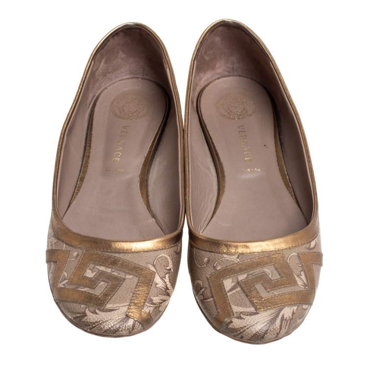 Pre Owned Versace Gold/Brown Leather Ballet Flats Size 39