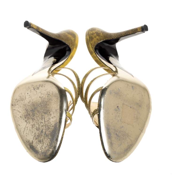 Pre Owned Versace Yellow Lizard Crystal Embellished Slide Sandals Size 38