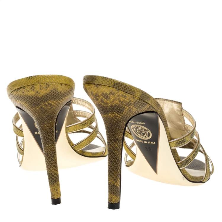Pre Owned Versace Yellow Lizard Crystal Embellished Slide Sandals Size 38