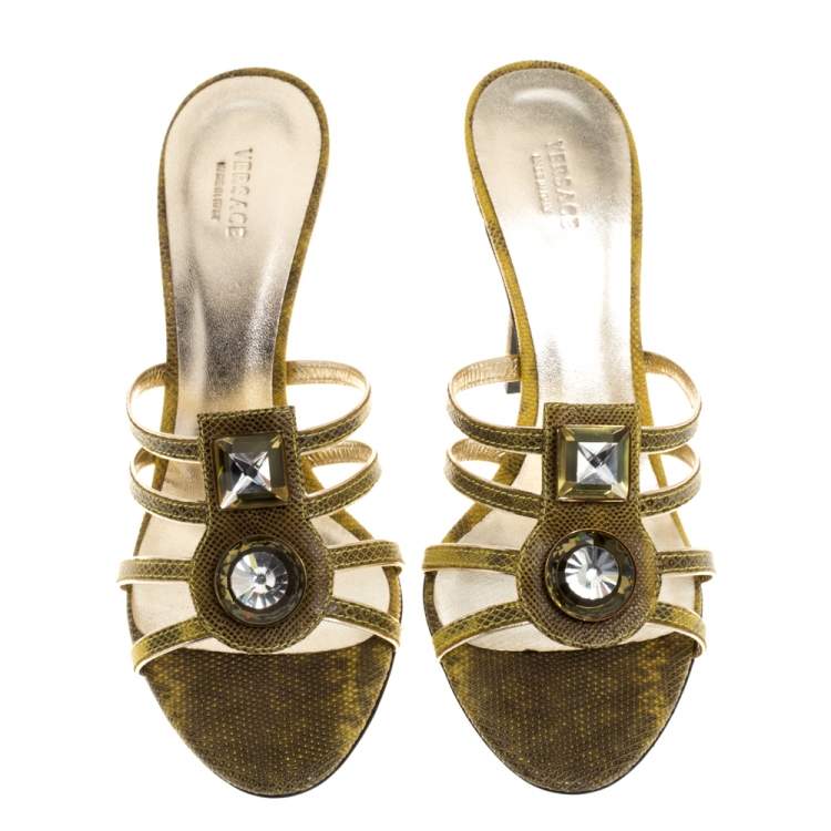 Pre Owned Versace Yellow Lizard Crystal Embellished Slide Sandals Size 38