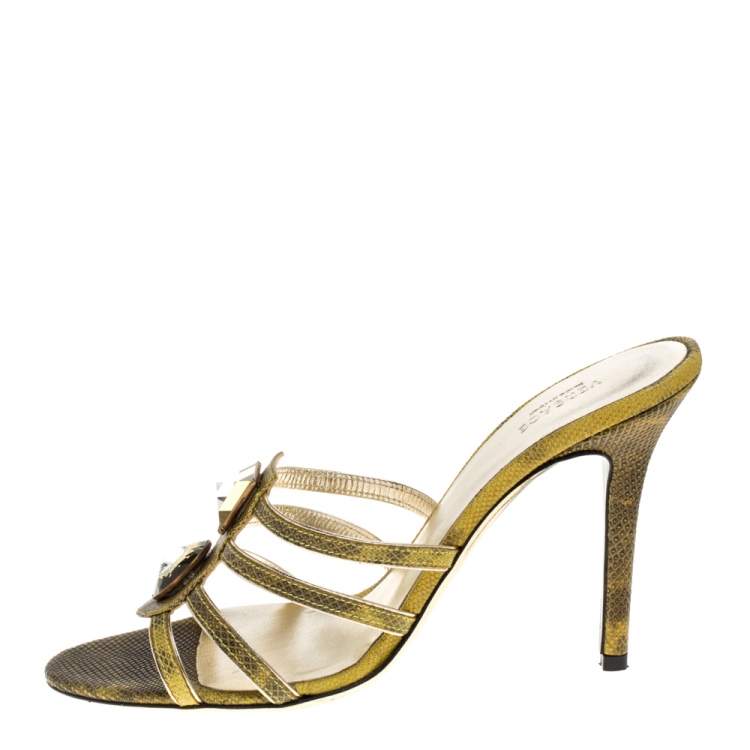Pre Owned Versace Yellow Lizard Crystal Embellished Slide Sandals Size 38