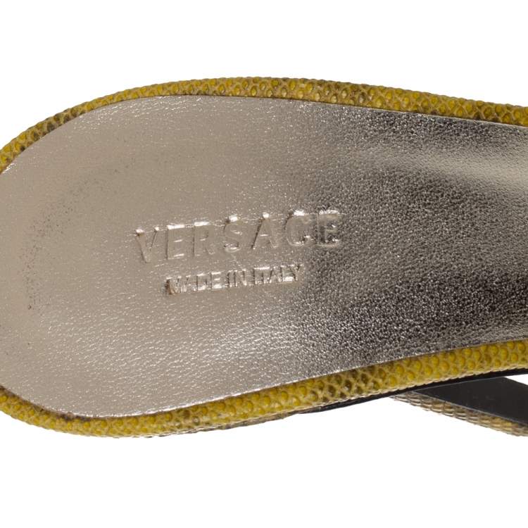 Pre Owned Versace Yellow Lizard Crystal Embellished Slide Sandals Size 38